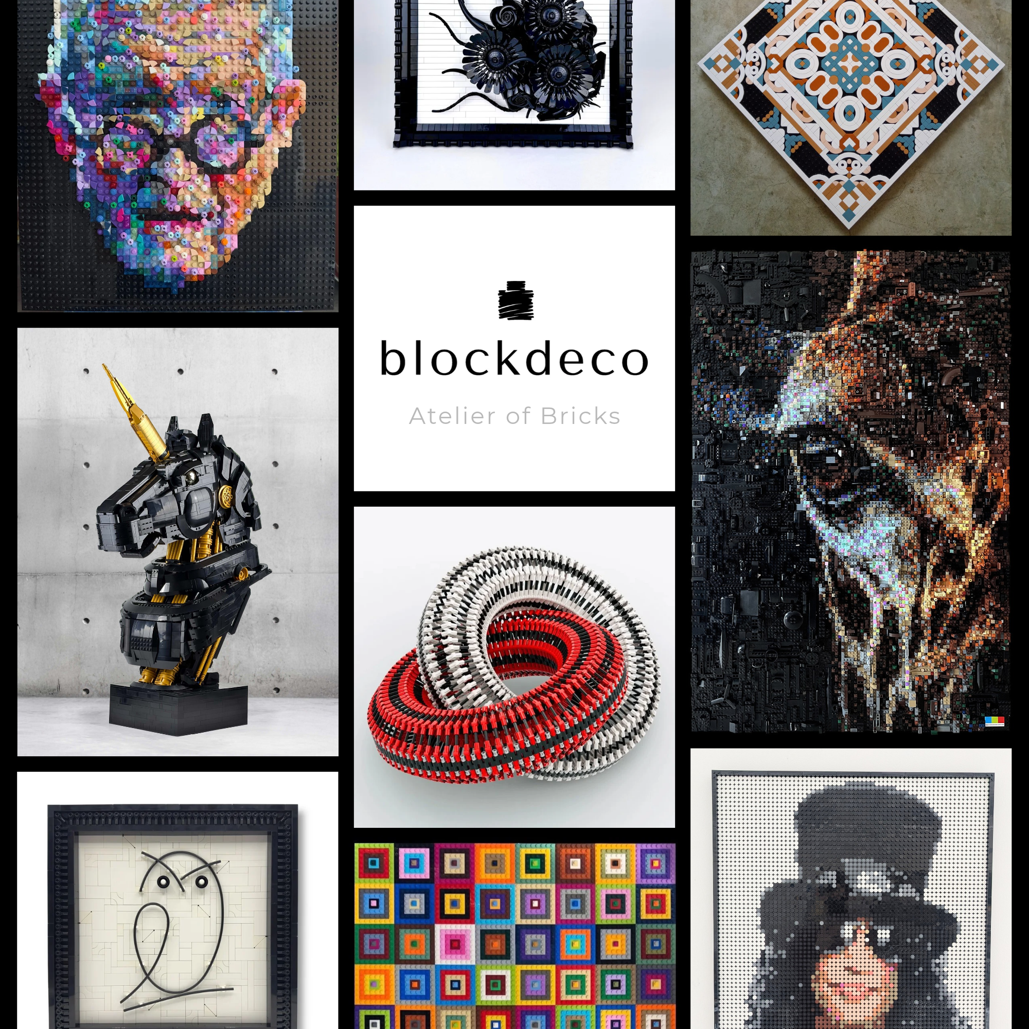 A collage of brick-built MOC artworks from the blockdeco gallery